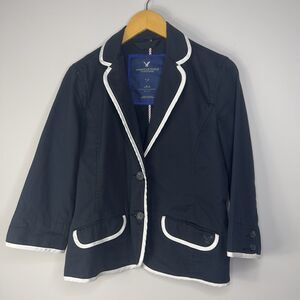 American Eagle Outfitters Womens Sz L Blue White Trim Blazer Jacket 3/4 Sleeve